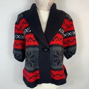 Iconic apres ski aspen cardigan knit sweater snowflakes snow winter puff sleeves